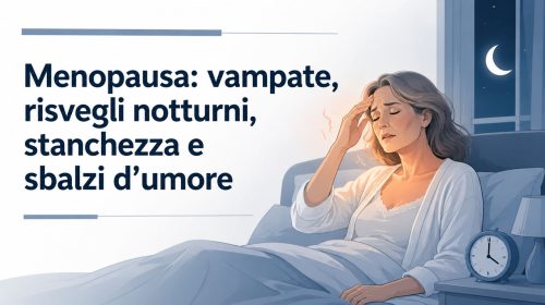 Donna in menopausa sveglia di notte a causa di vampate di calore, stanchezza e disturbi del sonno