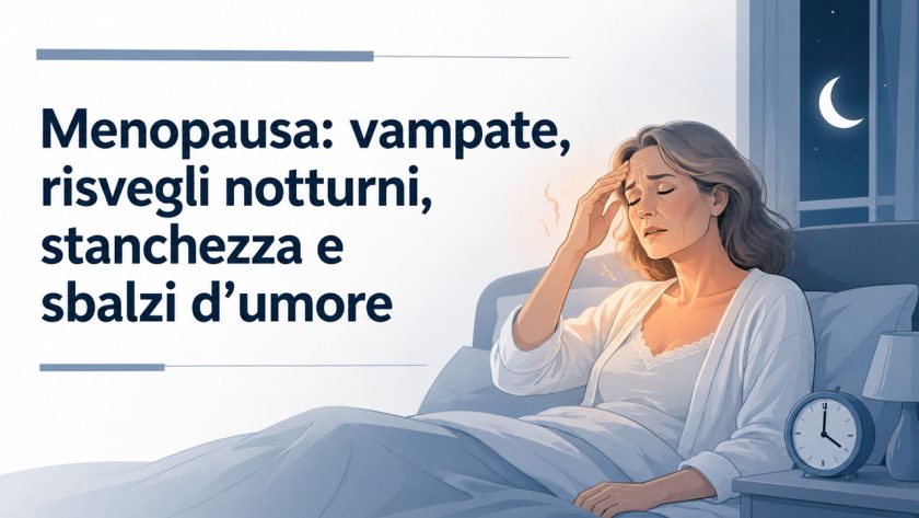 Donna in menopausa sveglia di notte a causa di vampate di calore, stanchezza e disturbi del sonno