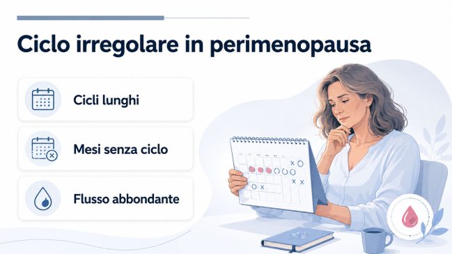 Infografica sul ciclo irregolare in perimenopausa con cicli lunghi, mesi senza mestruazioni e flusso abbondante