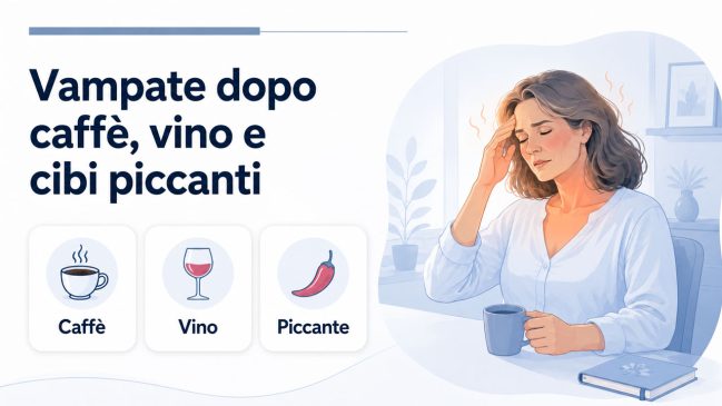 Infografica sui fattori che possono scatenare le vampate in menopausa: caffè, vino e cibi piccanti