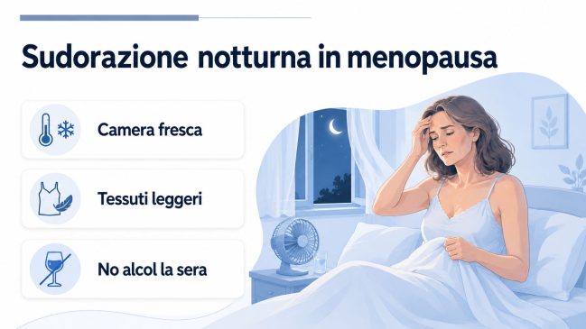 Infografica su come ridurre la sudorazione notturna in menopausa con camera fresca, tessuti leggeri e meno alcol