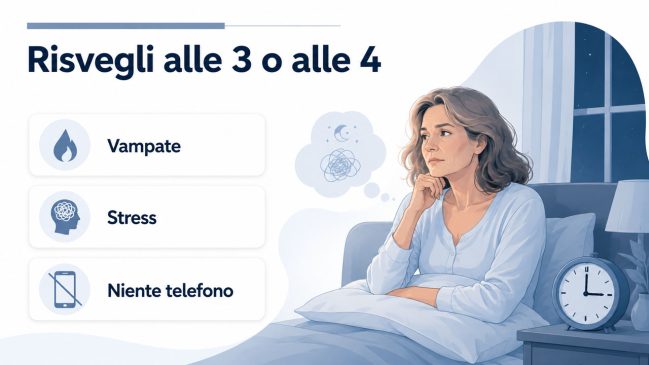 Infografica sui risvegli alle tre o alle quattro causati da vampate, stress e uso del telefono