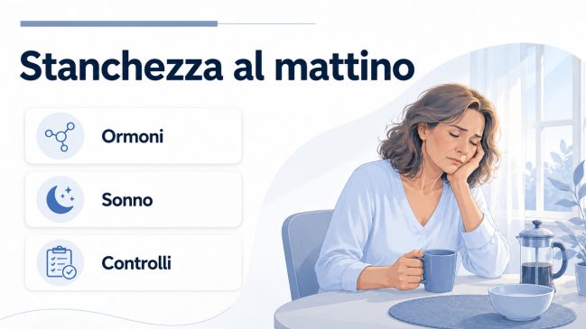 Infografica sulla stanchezza al mattino collegata a ormoni, qualità del sonno e controlli medici