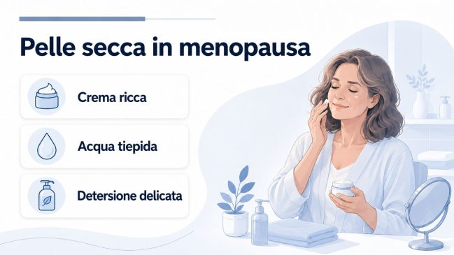 Infografica sulla pelle secca in menopausa con crema ricca, acqua tiepida e detersione delicata