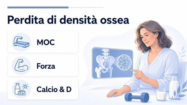 Infografica sulla perdita di densità ossea dopo la menopausa con MOC, esercizi di forza, calcio e vitamina D