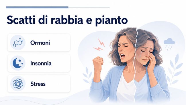 Infografica sugli scatti di rabbia e sul pianto improvviso legati a ormoni, insonnia e stress