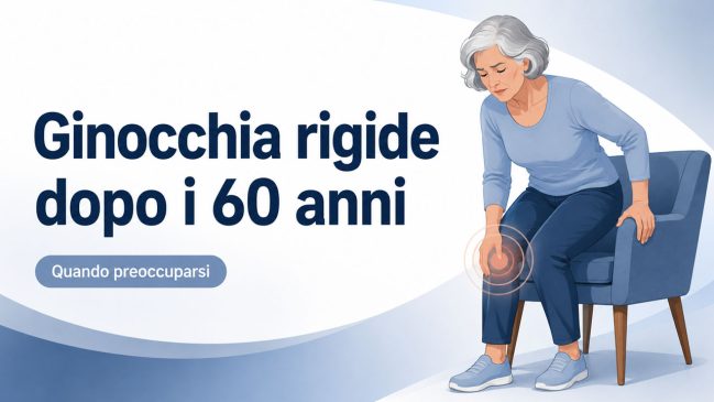 Donna di 60 anni che si alza da una sedia e si tocca il ginocchio per rigidità articolare