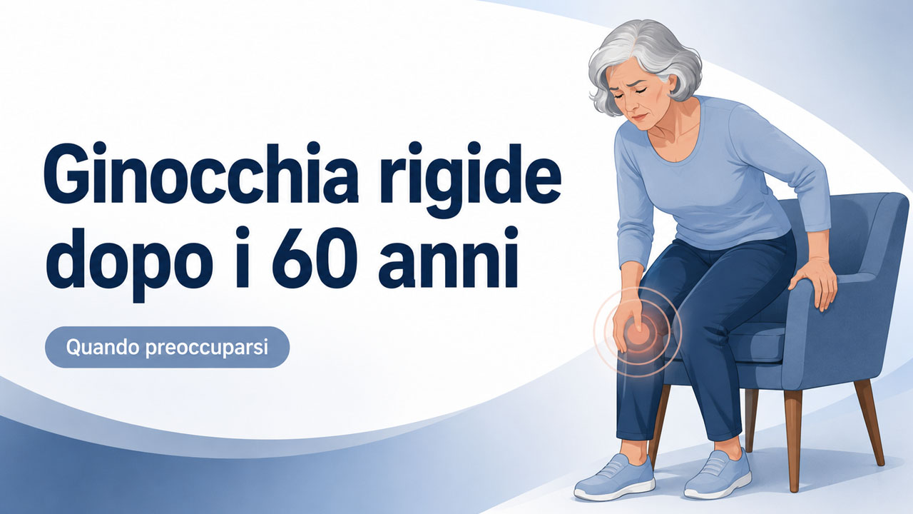 Donna di 60 anni che si alza da una sedia e si tocca il ginocchio per rigidità articolare
