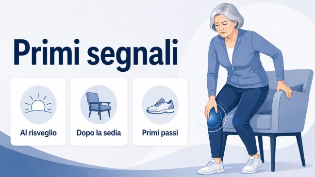 Donna anziana che si alza da una poltrona con ginocchio evidenziato, accanto a icone di risveglio, sedia e scarpa