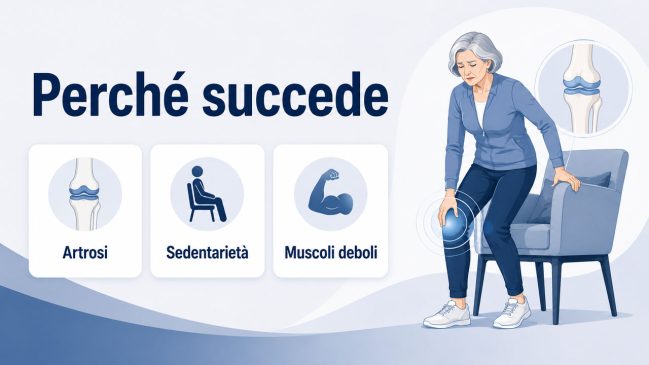 Donna anziana vicino a una poltrona con ginocchio evidenziato, schema articolare e icone di artrosi, sedentarietà e muscoli deboli