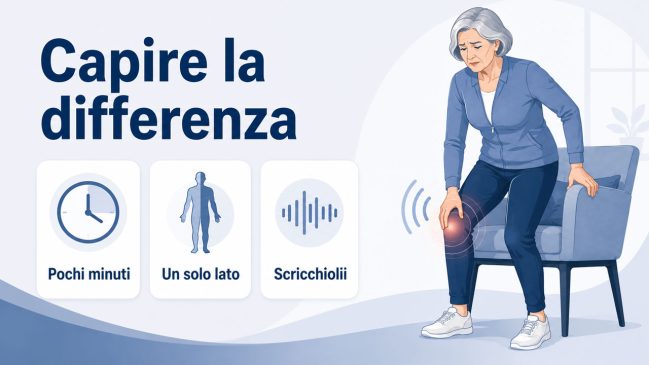 Donna anziana che si alza da una poltrona con ginocchio evidenziato, onde sonore e icone di tempo, lato del corpo e rumori articolari