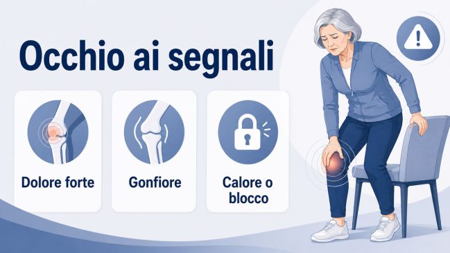 Donna anziana con mano sul ginocchio dolorante, icona di allarme e schede su dolore, gonfiore e blocco