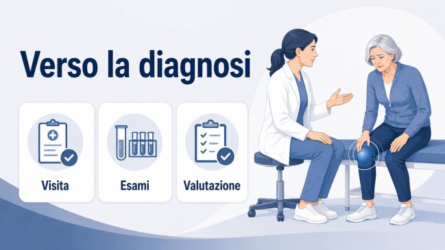 Medica seduta davanti a una donna anziana con ginocchio evidenziato, accanto a icone di visita, esami e valutazione