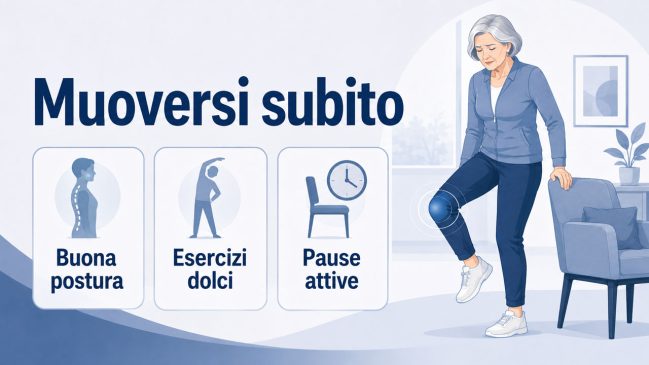 Donna anziana che fa un esercizio leggero accanto a una poltrona con ginocchio evidenziato e icone di postura, esercizi e pause