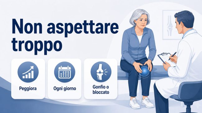 Donna anziana seduta davanti a un medico con ginocchio evidenziato e icone di peggioramento, frequenza quotidiana e ginocchio bloccato