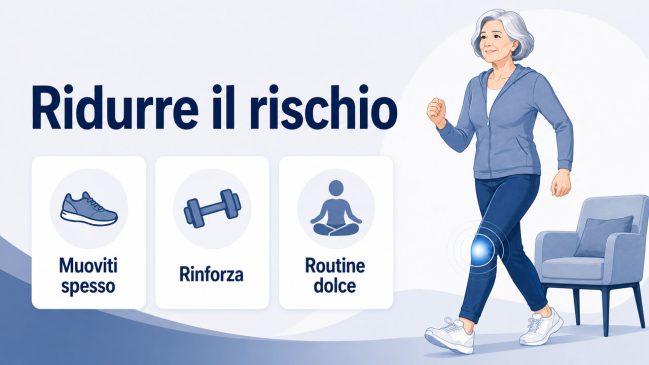 Donna anziana che cammina vicino a una poltrona con ginocchio evidenziato e icone di scarpa, manubrio e routine dolce
