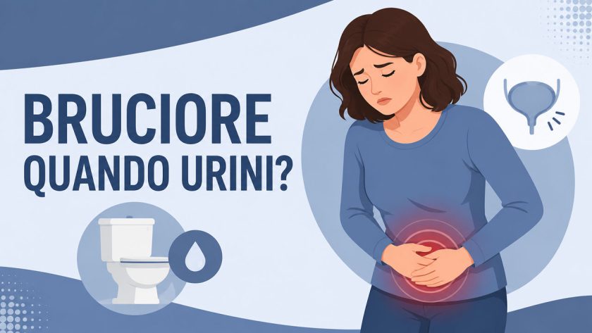 Donna con dolore al basso ventre e bruciore urinario, illustrazione su cistite, uretrite e candida