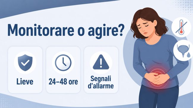 Donna con dolore al basso ventre, icone di termometro e vescica, tre schede con lieve, 24-48 ore e segnali d’allarme