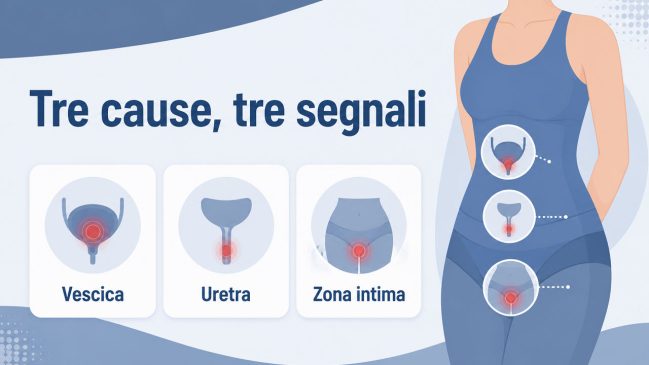 Torso femminile con tre richiami anatomici su vescica, uretra e zona intima