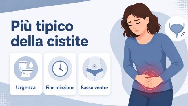 Donna con dolore al basso ventre, icona della vescica e tre schede su urgenza, fine minzione e basso ventre