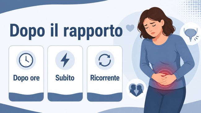 Donna con dolore al basso ventre, icona della vescica e tre schede con dopo ore, subito e ricorrente