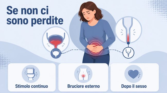 Donna con dolore al basso ventre, richiami su vescica e uretra, schede con stimolo continuo, bruciore esterno e dopo il sesso