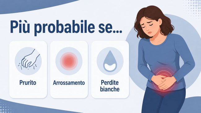 Donna con dolore al basso ventre e tre schede con prurito, arrossamento e perdite bianche