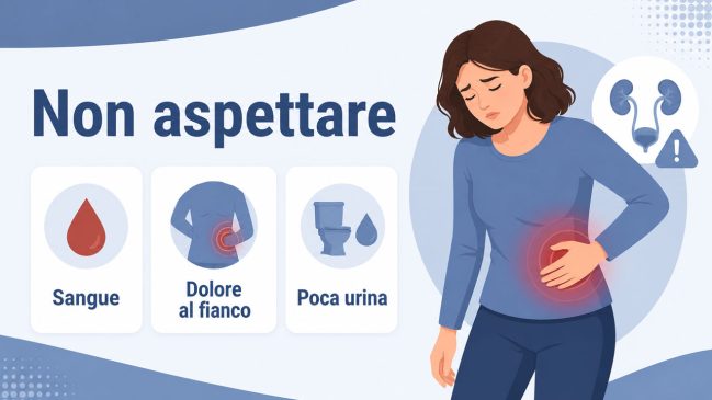 Donna con dolore al fianco e tre schede con sangue, dolore al fianco e poca urina