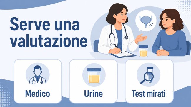 Medica che parla con una donna, contenitore per urine e tre schede con medico, urine e test mirati