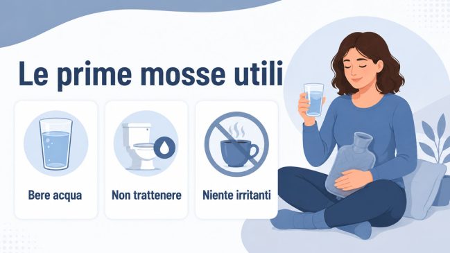 Donna seduta con bicchiere d’acqua e borsa dell’acqua calda, schede con bere acqua, non trattenere e niente irritanti