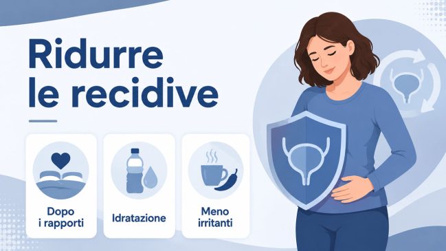 Donna con scudo sulla vescica e tre schede con dopo i rapporti, idratazione e meno irritanti